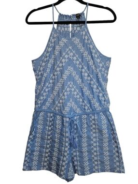 Blue White Romper Cotton Embroidery Womens Size Medium Coastal Beach Outfit